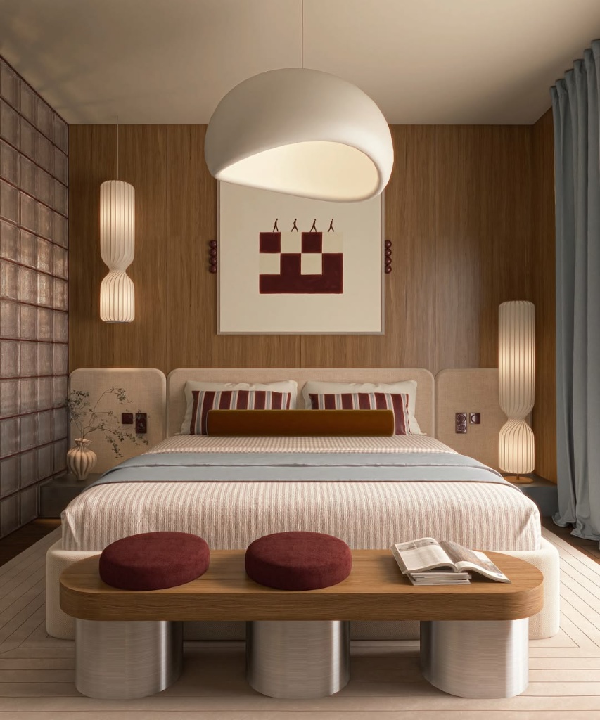 Warm wood-paneled bedroom suite